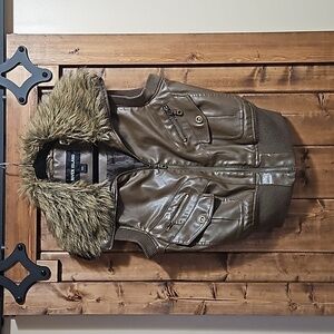 River Island Brown Vegan Leather Faux Fur Moto Utility Vest Size Medium